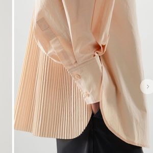 Cos peach collarless blouse dramatic sleeve pleat back mock collar avant- grade